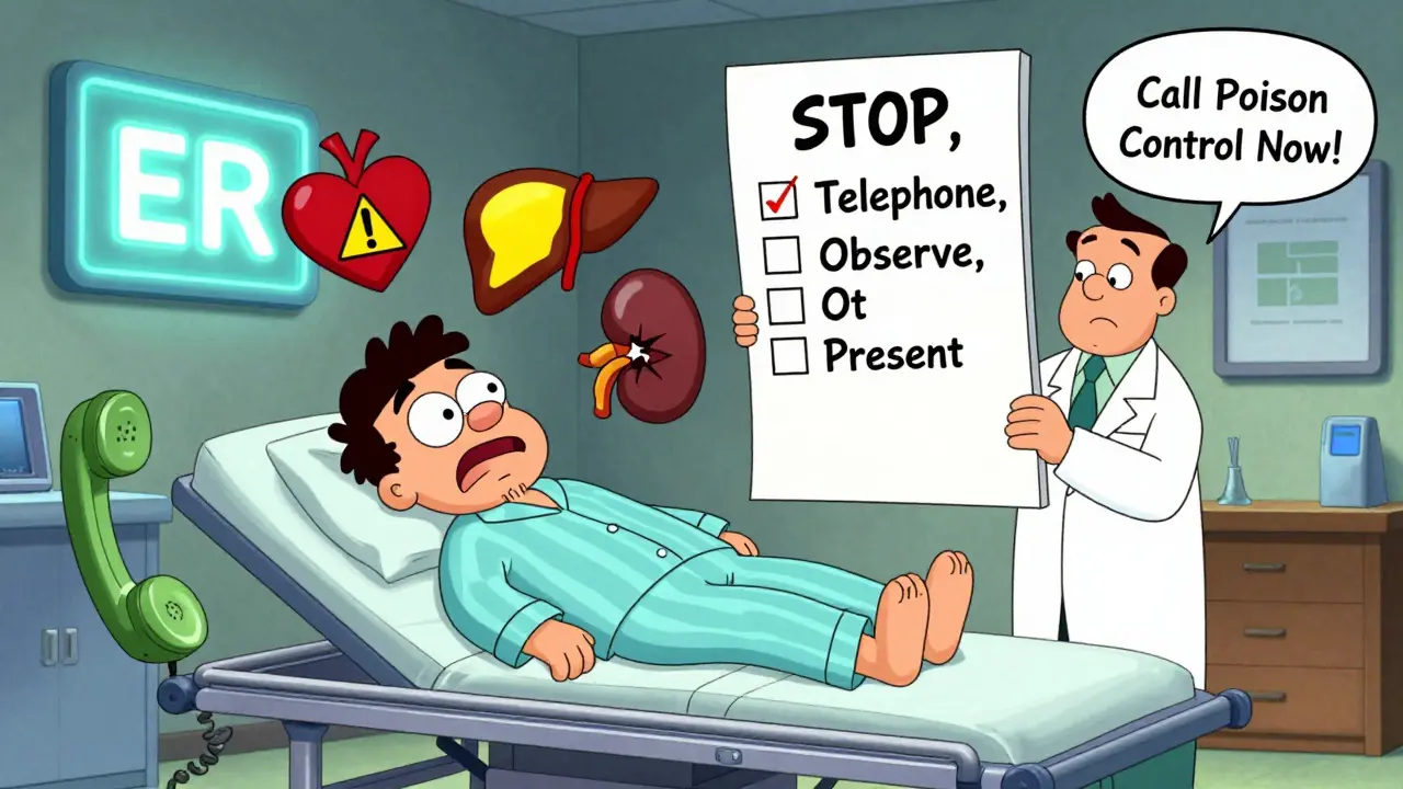 Man trembling on hospital gurney with medical symbols floating above him as pharmacist holds up STOP protocol checklist.