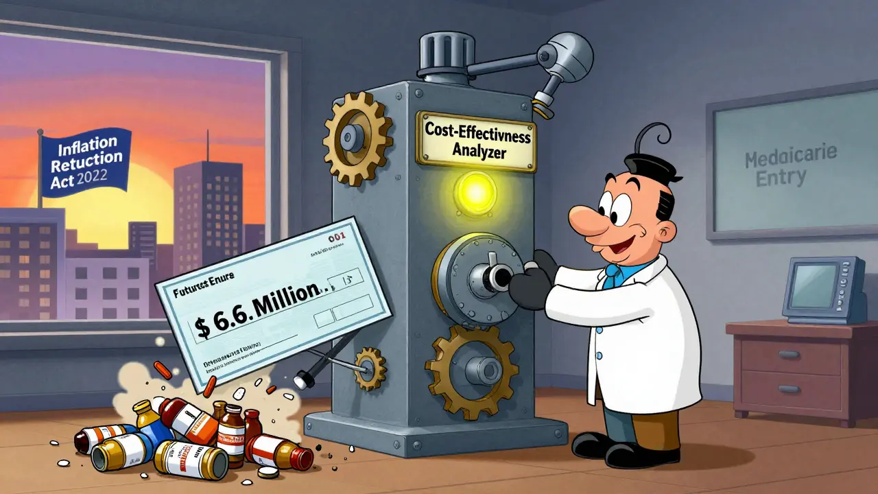 Mechanical cost-analysis machine spitting out a giant savings check as overpriced pills crumble, sunset behind Medicare buildings.