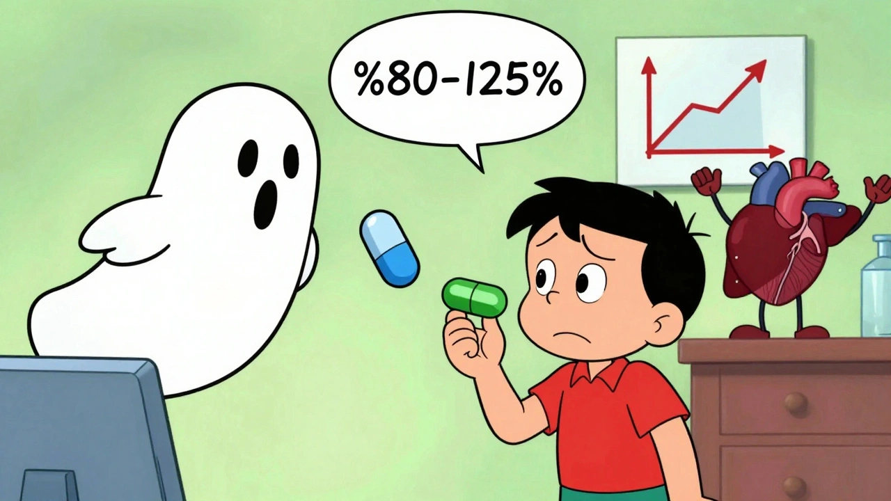 Patient compares blue and green pills with scientific symbols floating around them.