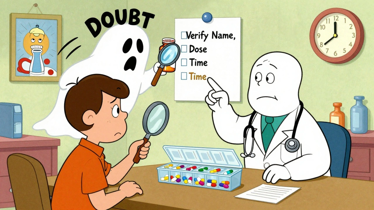 Patient confused by pill organizer with a ghost of doubt hovering nearby.