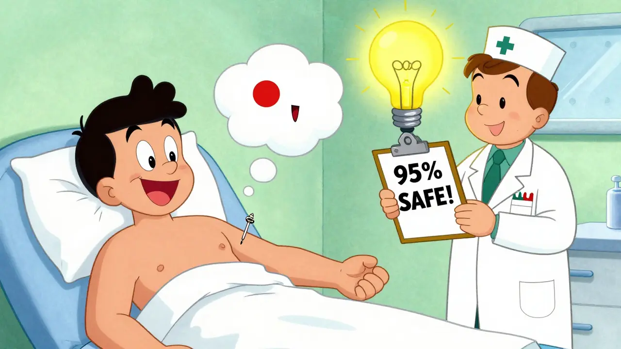 Patient getting a skin test with a smiling red dot and cartoon smoke puff.