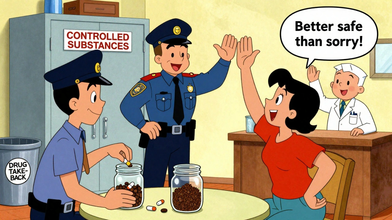 Patient safely disposing of pills with coffee grounds as pharmacist and officer approve.