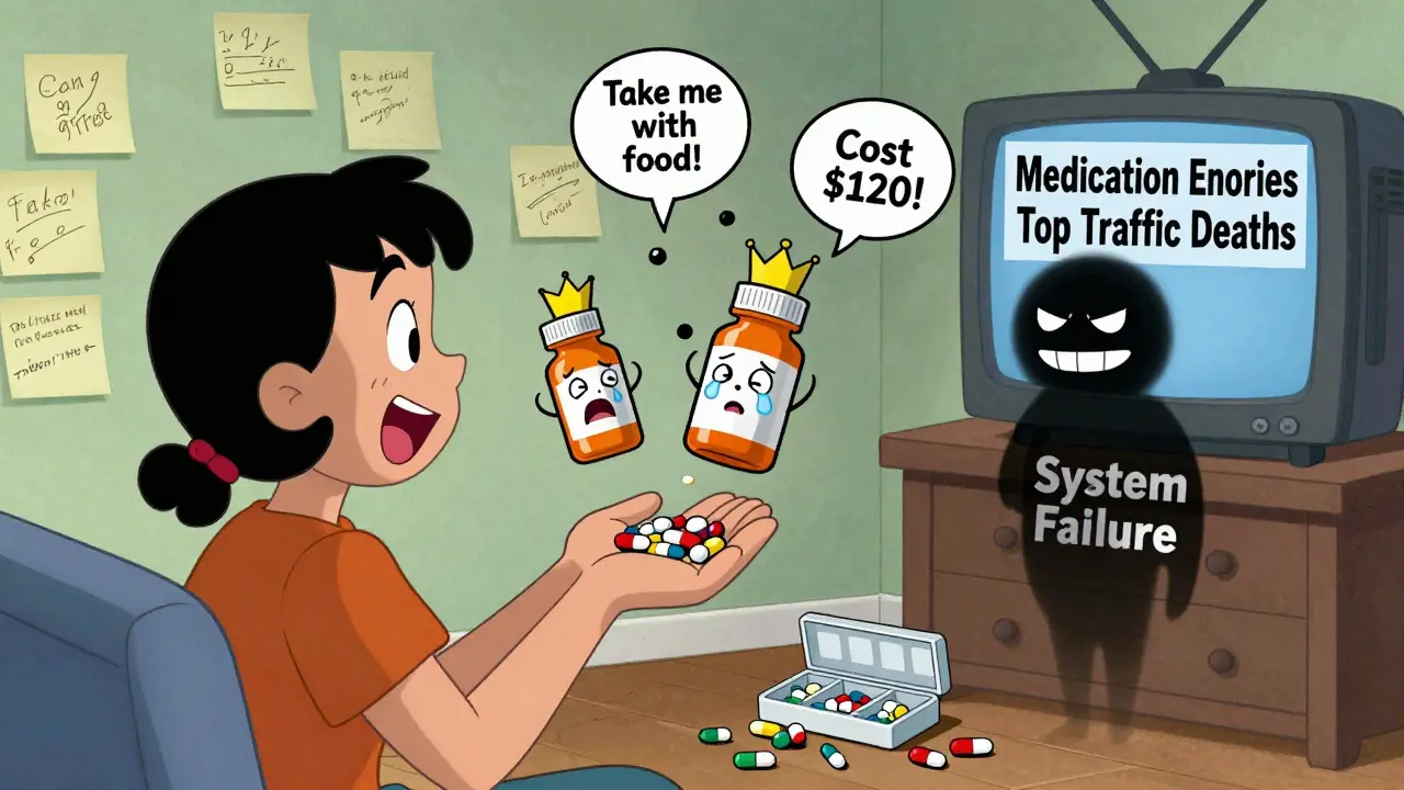 Patient surrounded by talking pill bottles and system failure shadow in Hanna-Barbera cartoon style.