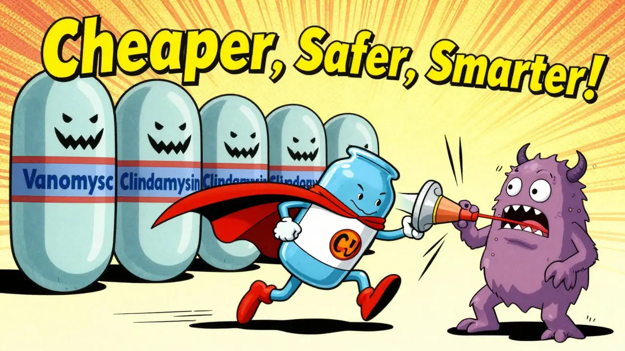 Penicillin superhero defeating scary antibiotics, saving a patient in comic style.
