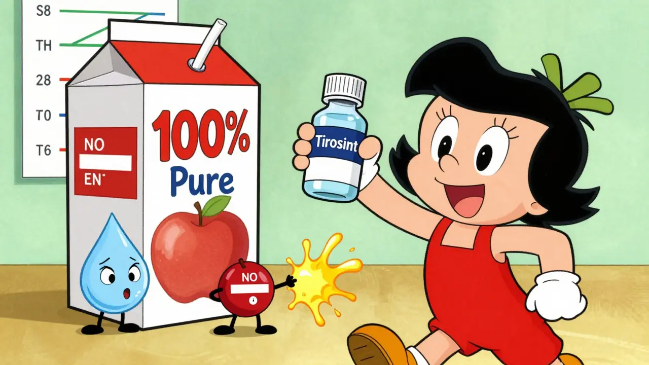 Person holding liquid thyroid med and apple juice as iron molecule is pushed away.