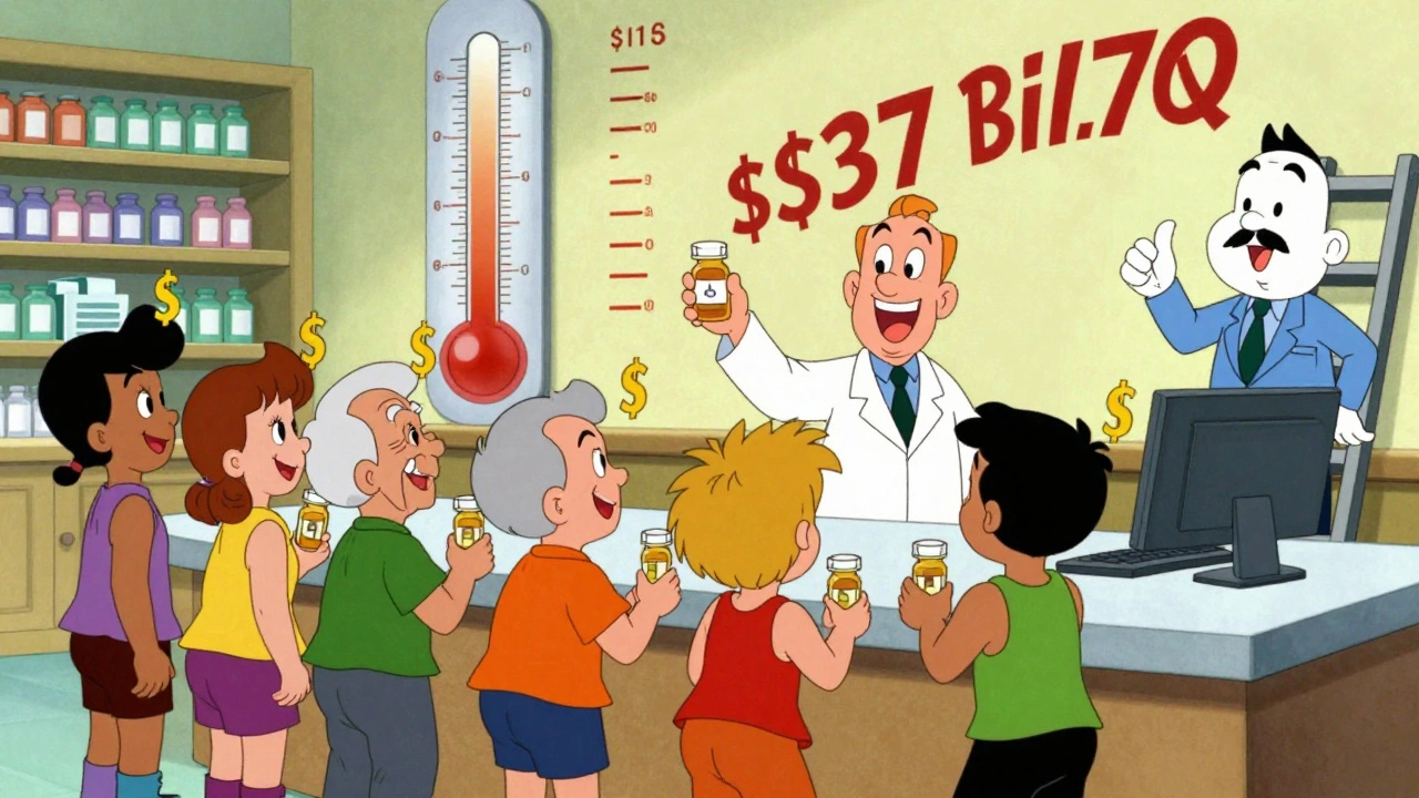 Pharmacist hands out generics to diverse patients as savings thermometer rises.