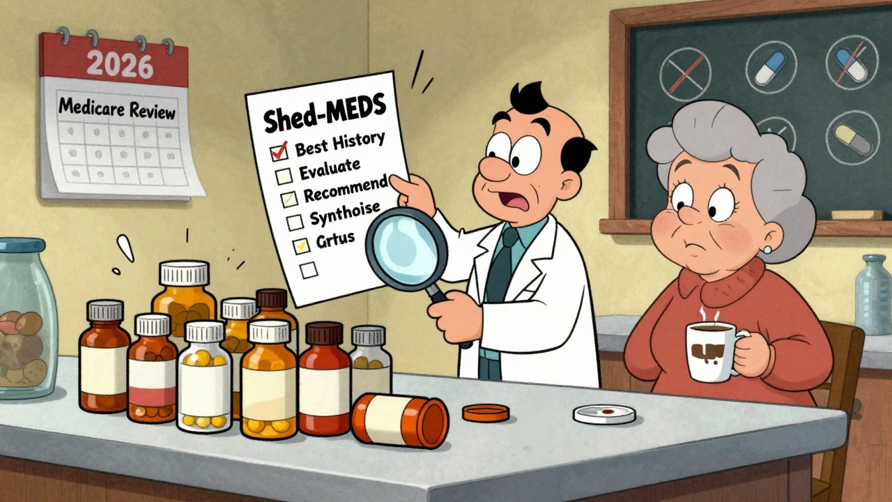 Pharmacist uses checklist to sort through cluttered medication bottles on a kitchen counter.