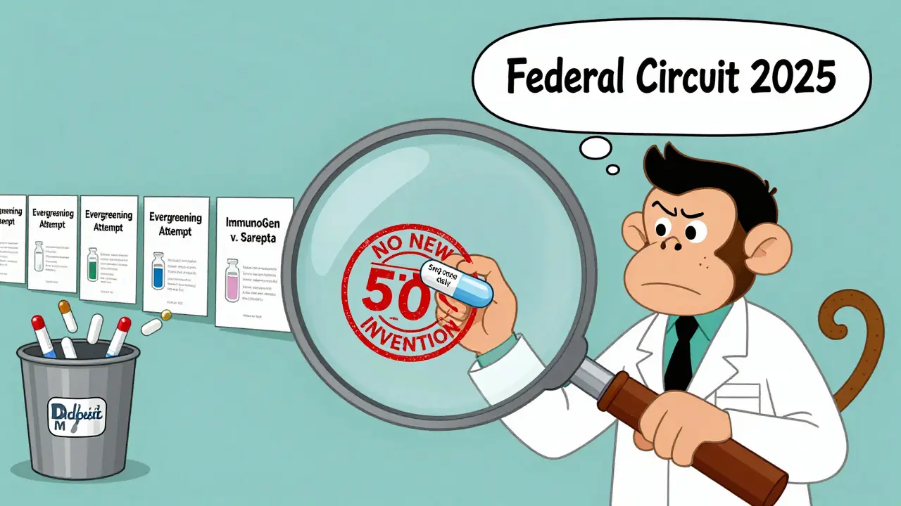 Scientist holding a small pill under a magnifying glass showing it's not a new invention, while failed dosing patents are thrown away.