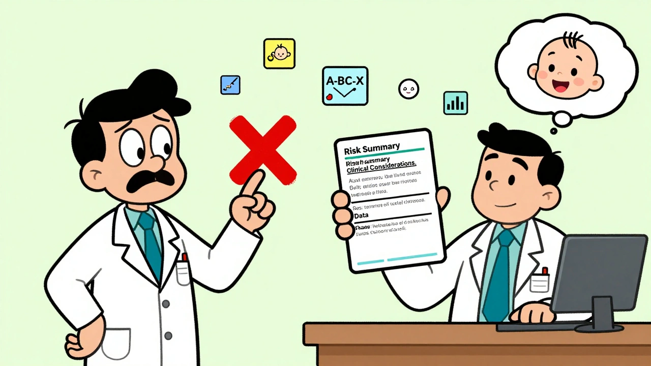 Split scene: old drug letter categories crossed out vs. modern detailed label with clinical data and baby icons.