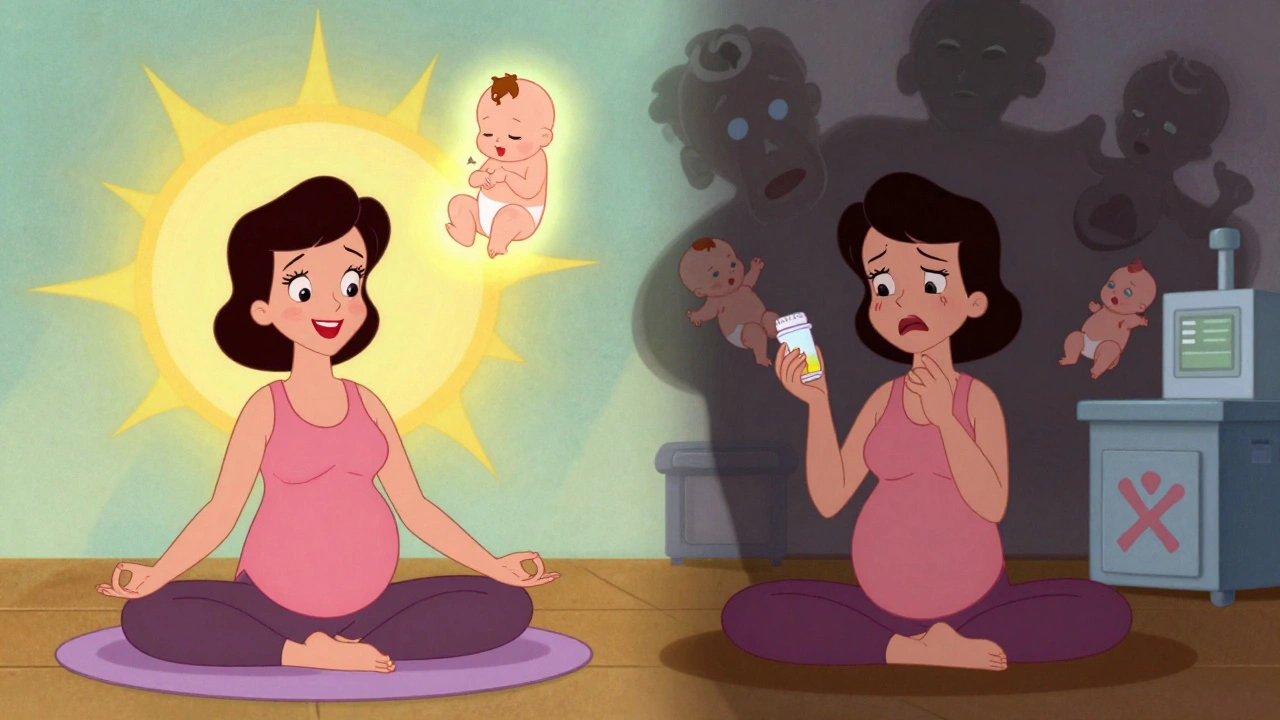 Split scene: pregnant woman choosing calm therapies vs. risky pills in vintage cartoon style.