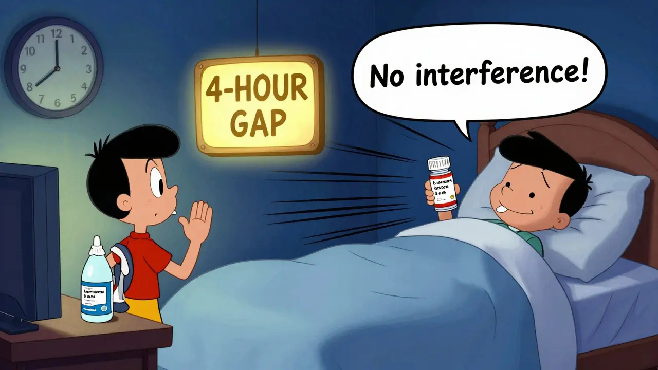 Split scene showing iron supplement at night and thyroid pill in morning with 4-hour gap sign.