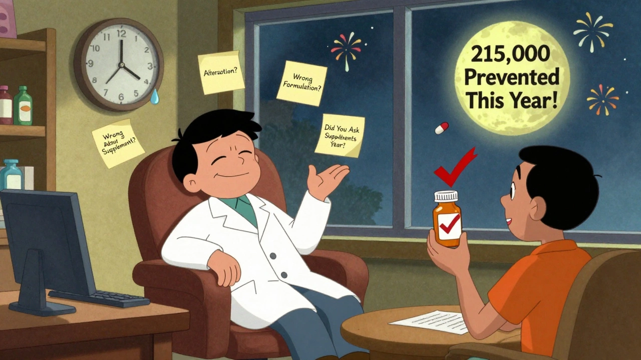 Tired pharmacist surrounded by error-check notes in a quiet pharmacy, patient smiling with correct medication.