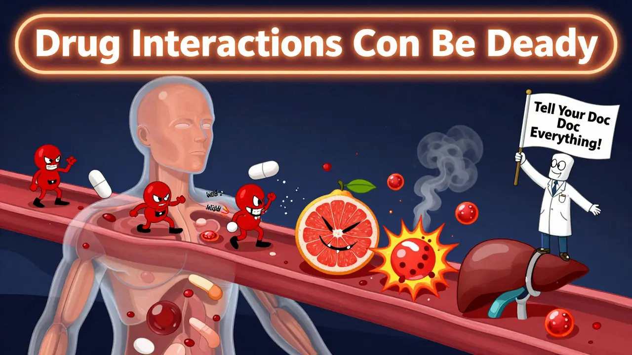 Transparent human body showing pills and grapefruit causing chaotic reactions inside organs in Hanna-Barbera cartoon style.