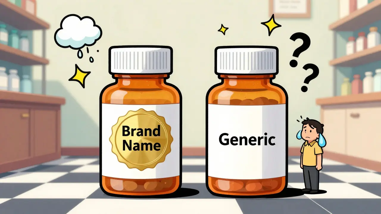 Two identical pill bottles side by side, with a confused patient overwhelmed by floating cartoon symptoms.