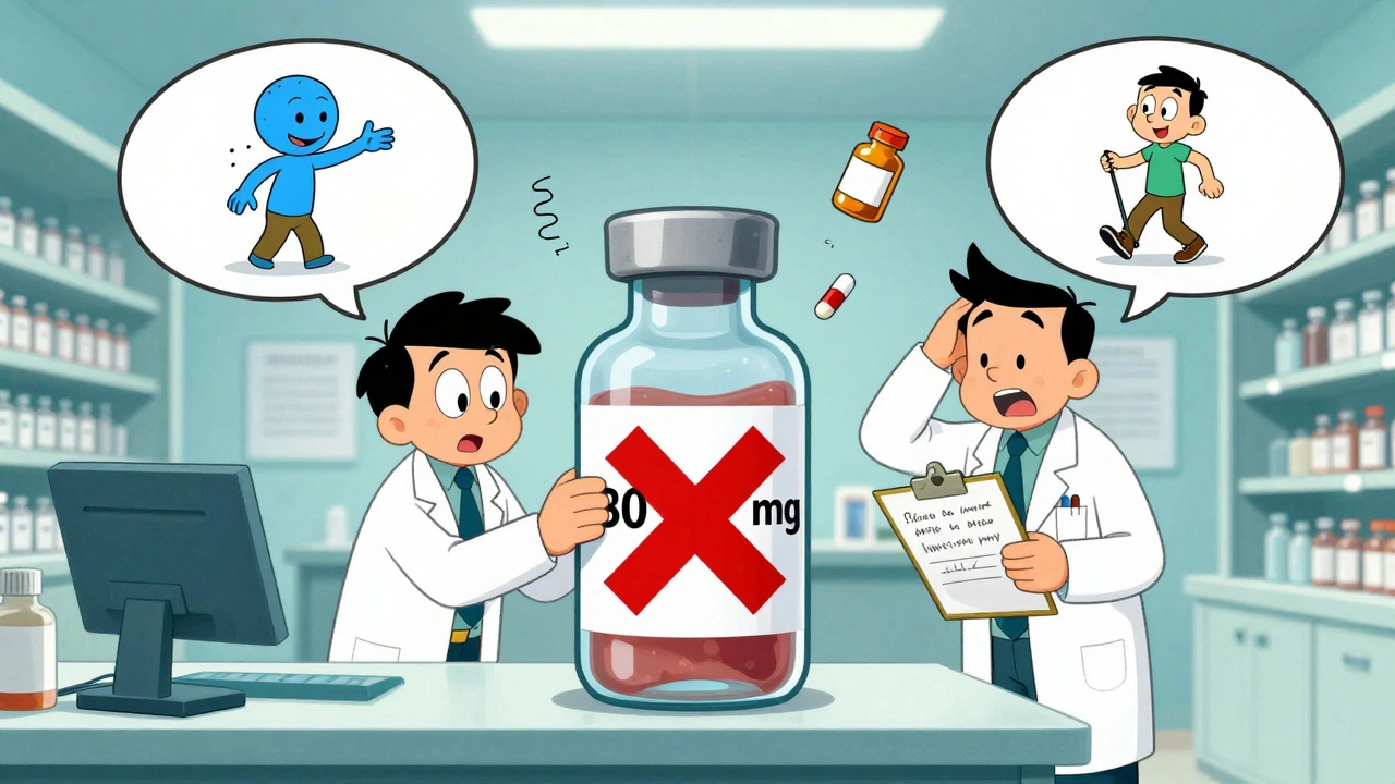Two pharmacists double-checking a dangerously high insulin dose with dramatic before-and-after thought bubbles.