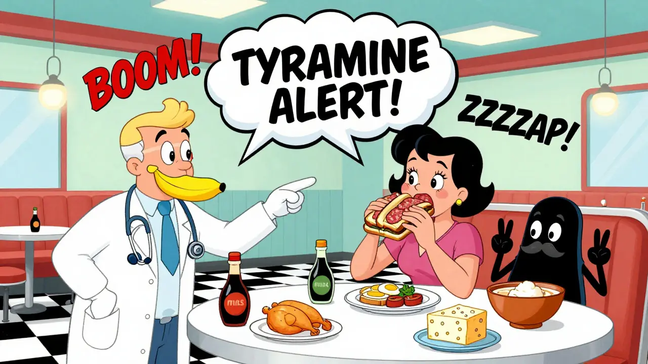 Woman about to eat salami sandwich as giant tyramine warning flashes, with sneaky fermented foods lurking.