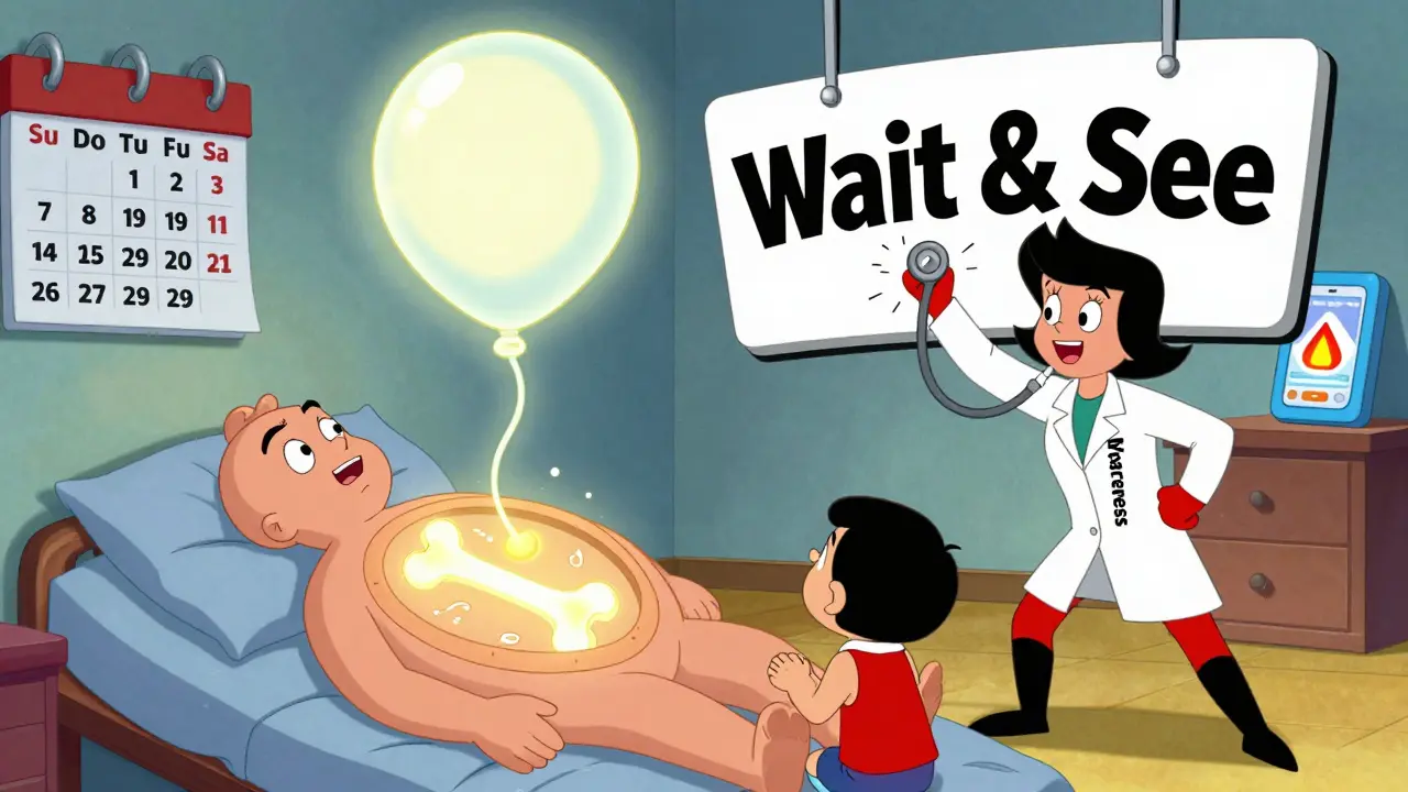 A bone marrow collapses while a superheroine destroys a 'Wait &amp; See' sign in cartoon style.