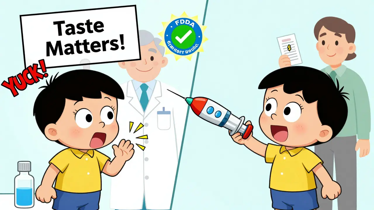 A child happily takes flavored medicine from a rocket-shaped syringe after refusing a bitter generic version.