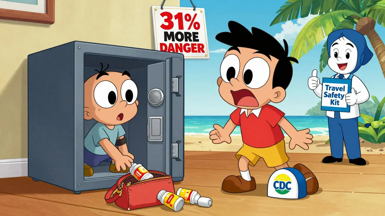 A child reaches for spilled pills in a purse while a locked travel box sits safely in a hotel safe.