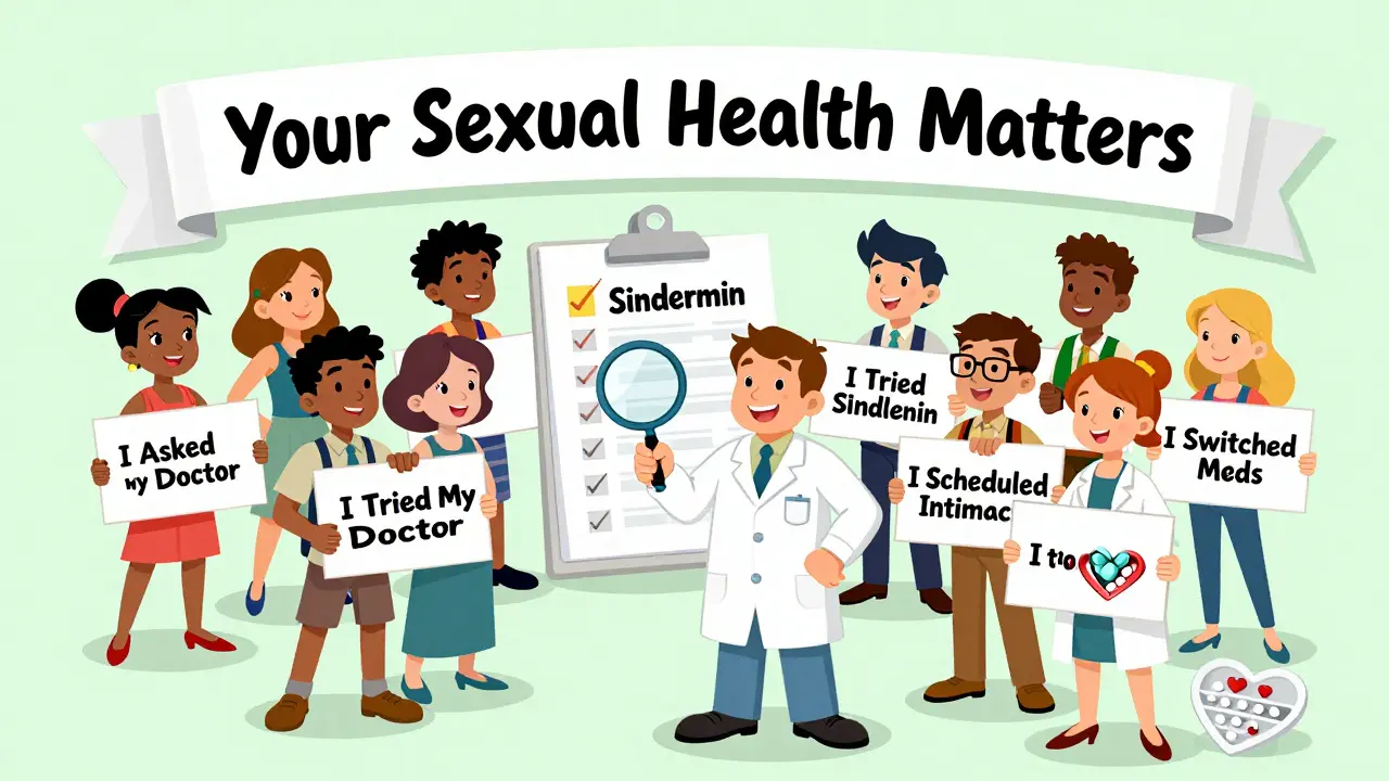 A diverse group celebrates managing sexual side effects with signs and a pharmacist offering tools in a vibrant cartoon setting.