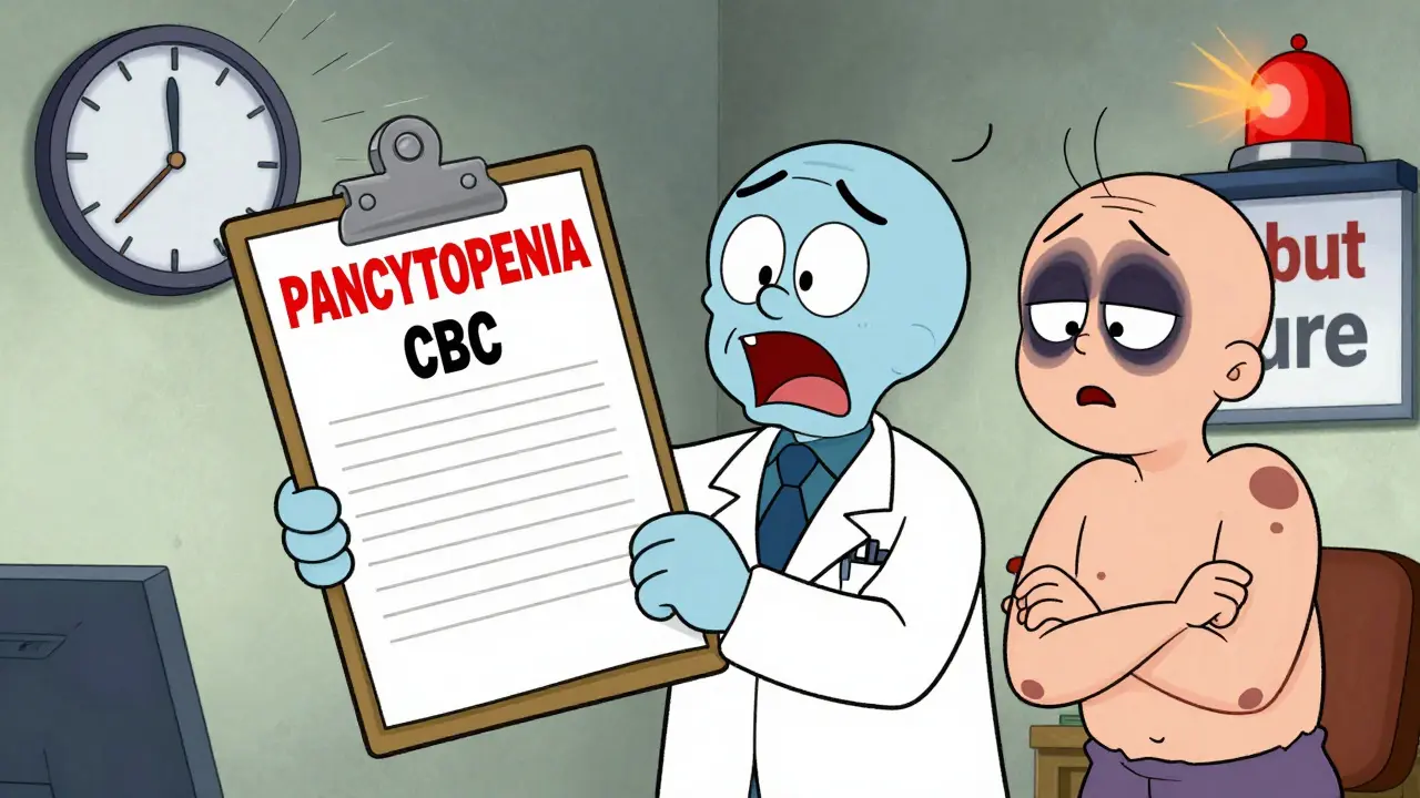 A doctor and patient face a plummeting blood test result with an urgent care sign in background.