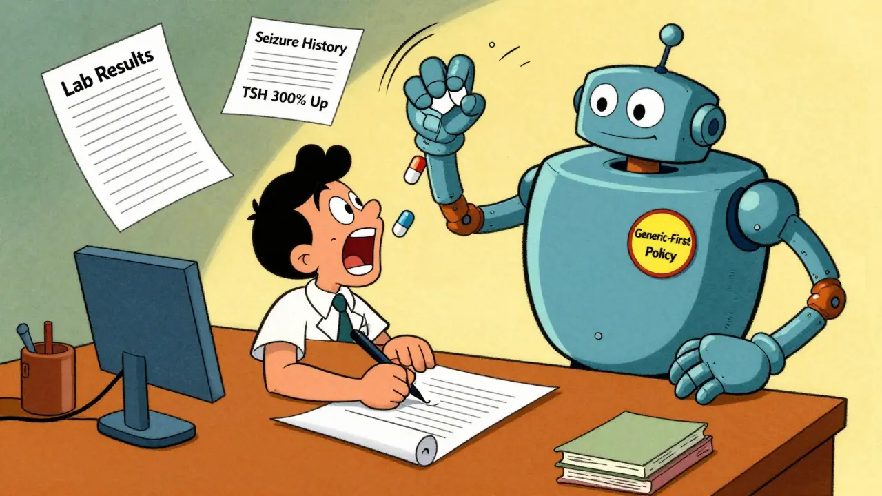 A doctor overwhelmed by paperwork as a robot tries to force a generic pill on a patient, in retro cartoon style.