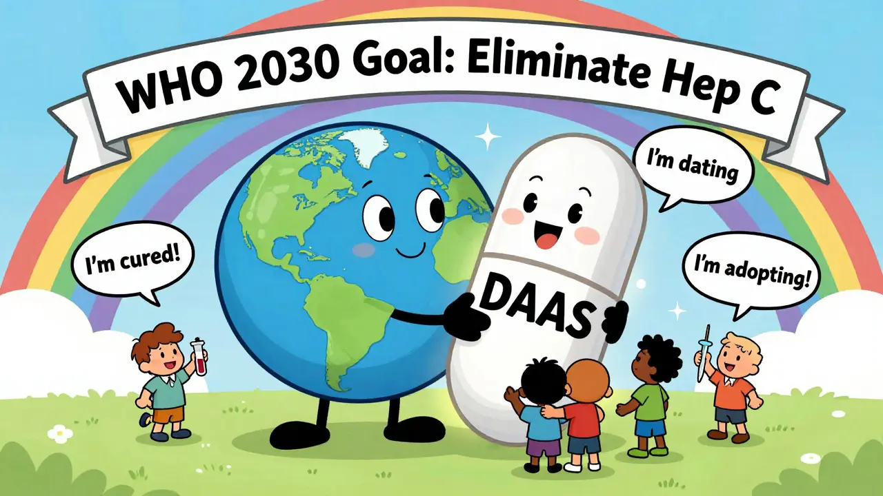 A giant pill hugs the globe as cured people emerge, celebrating with signs of hope and renewal.