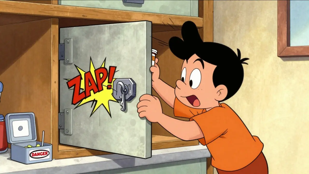 A parent locks medication in a steel box while a child tries to reach from below.