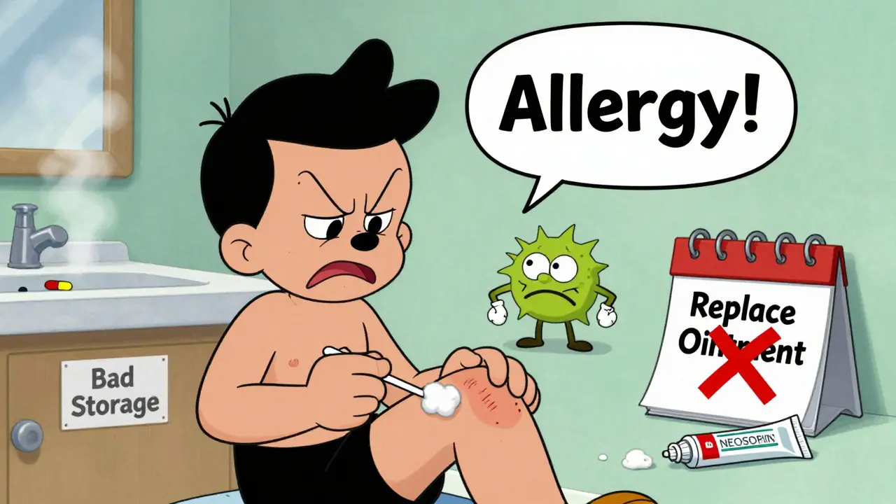A person applying antibiotic ointment while an allergic rash sprite appears beside an expired tube.