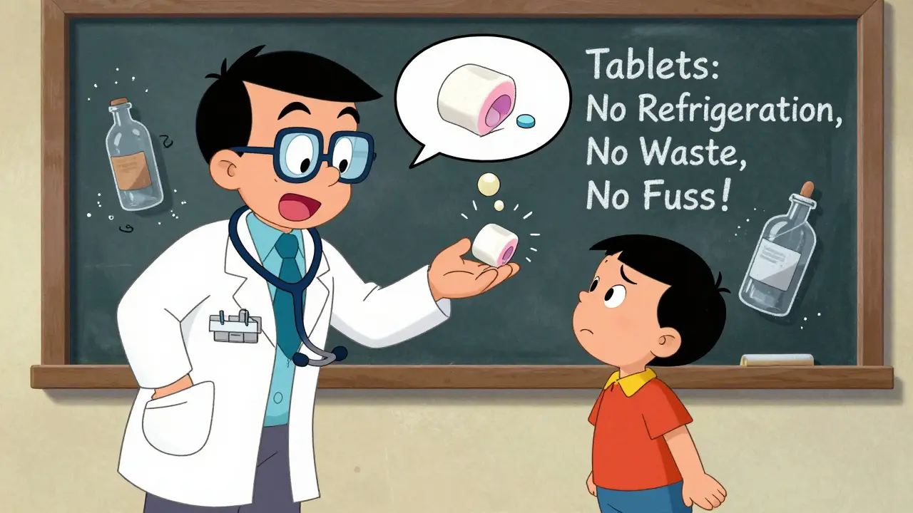 A pharmacist handing a tablet to a child, with a marshmallow transforming into medicine in a cartoonish way.