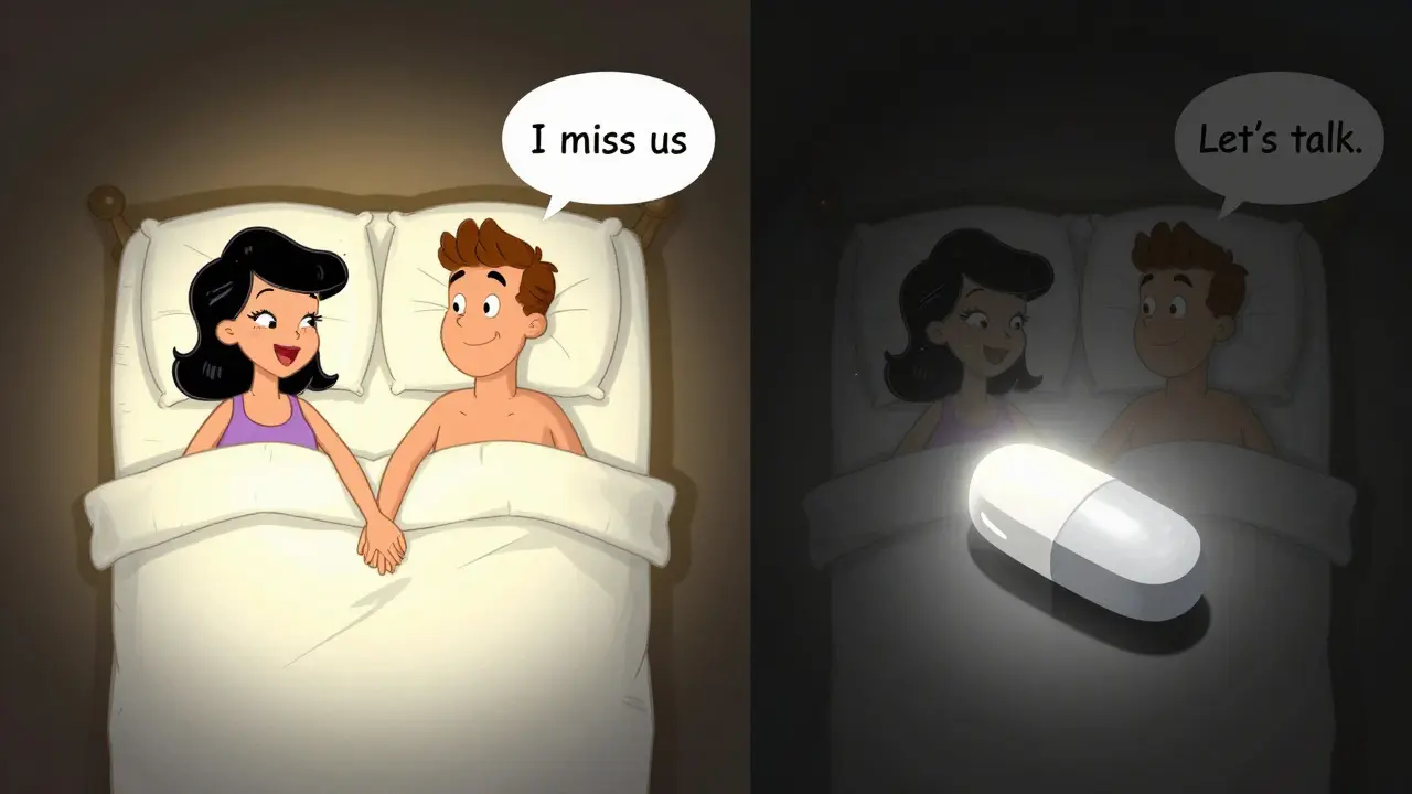 A split cartoon scene contrasts a happy couple with a distant one, showing the impact of medication on intimacy.