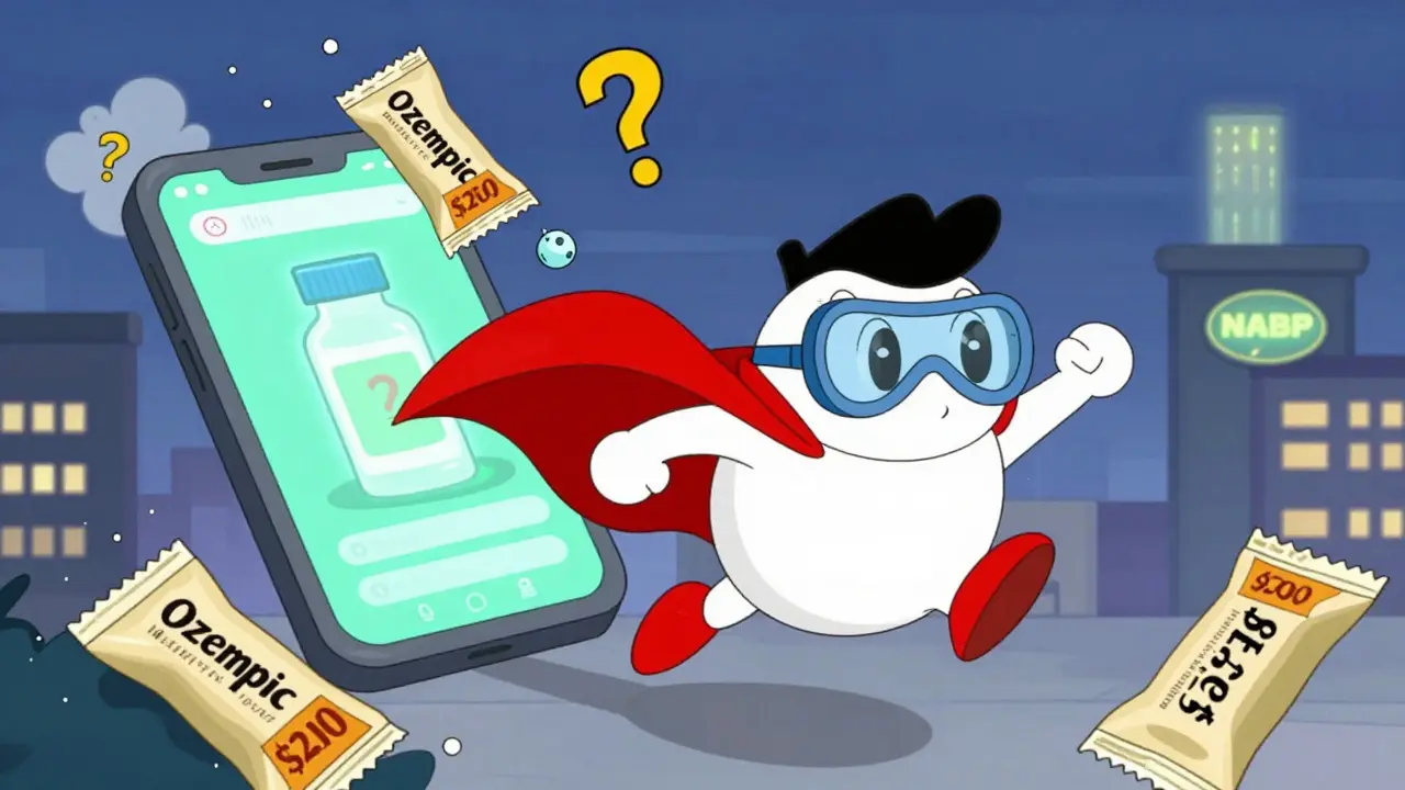 A superhero pill dodging fake medicine packages, with a smartphone app revealing a digital watermark on the real bottle.