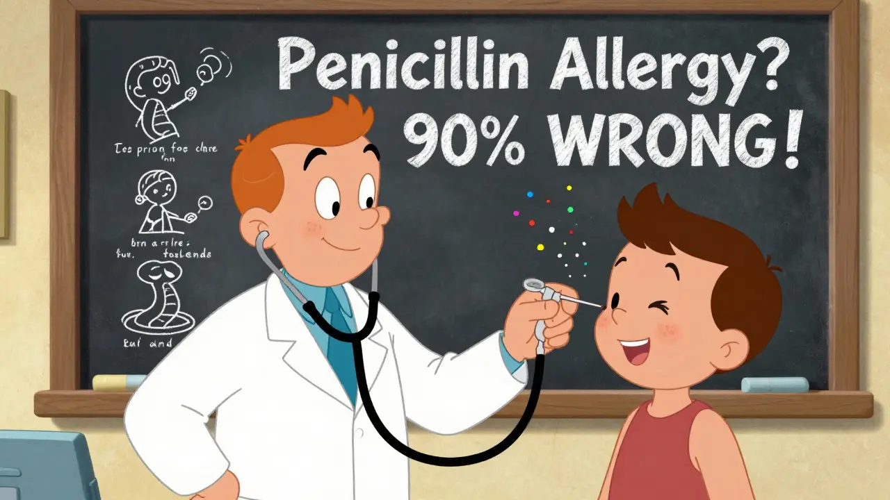 Allergist testing skin with a happy needle, chalkboard reads '90% WRONG' about penicillin allergy.