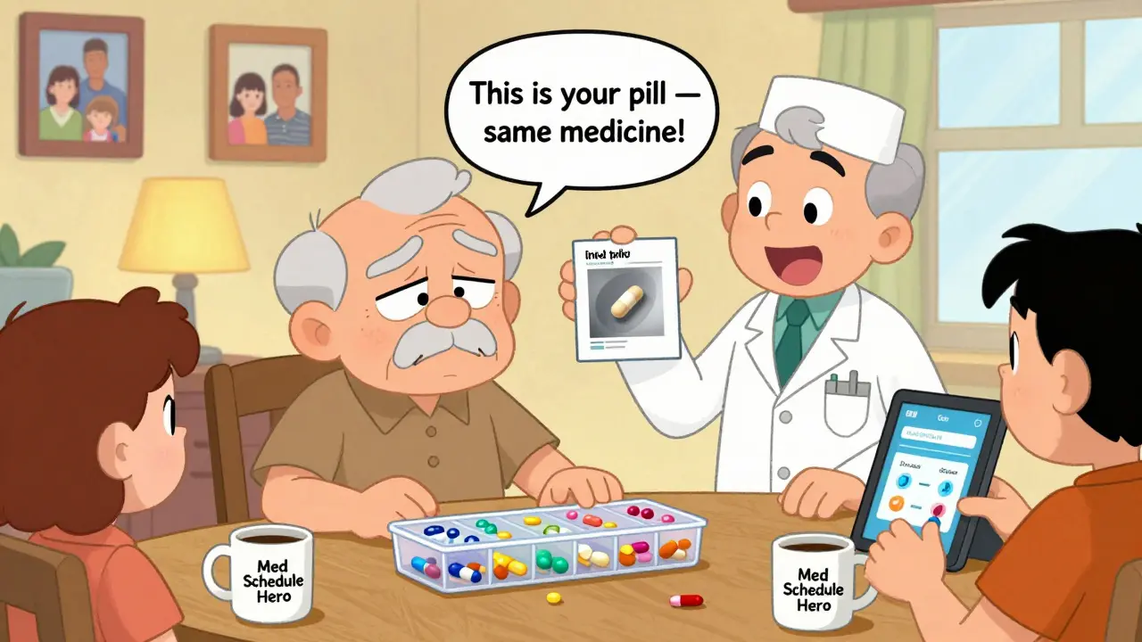 An elderly person uses a labeled pill organizer with a photo guide while a pharmacist and family member assist.