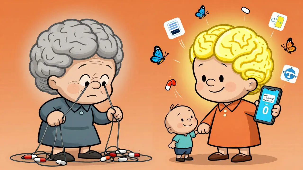 Before-and-after: foggy brain with meds vs. bright brain holding grandchild, ACB app showing score 0.