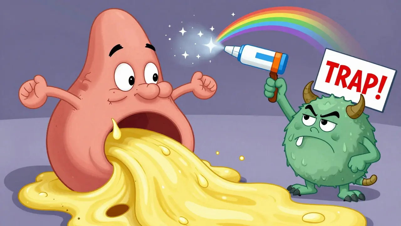 Cartoon sinus cavity blocked by mucus, being cleared by a spray superhero.