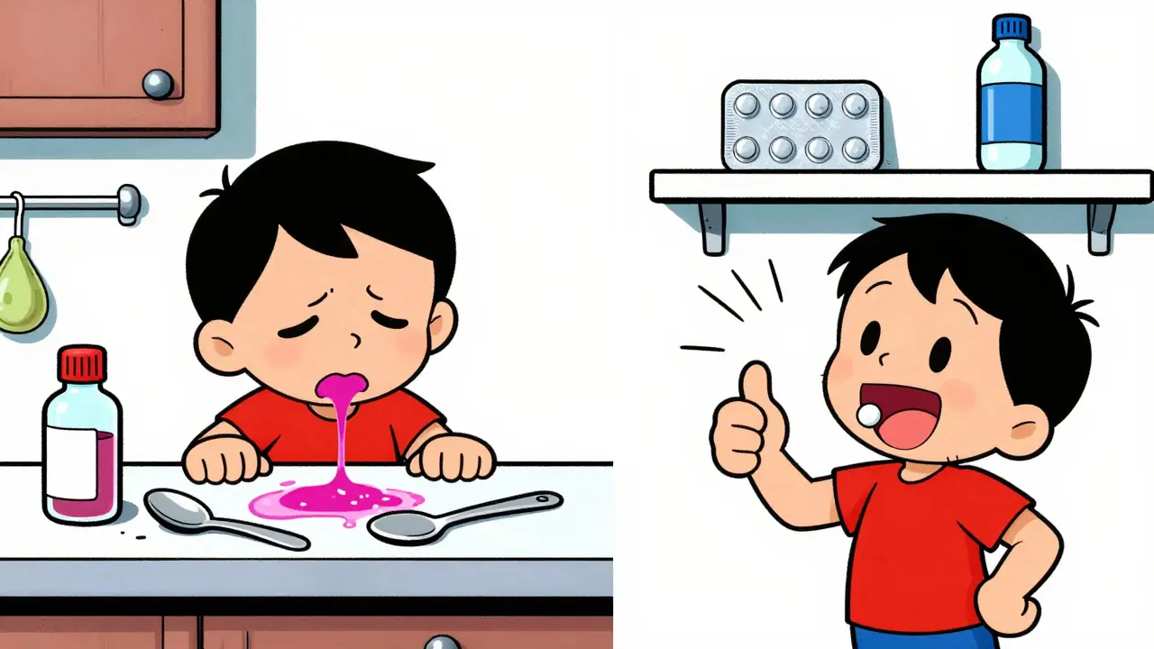 Contrasting scenes: spilled liquid medicine vs. neat tablet pack with child taking medicine confidently.