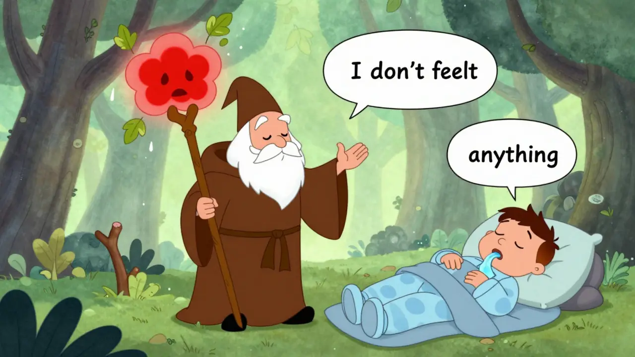 Corticosteroid wizard calming inflamed airways with a staff, in Hanna-Barbera style