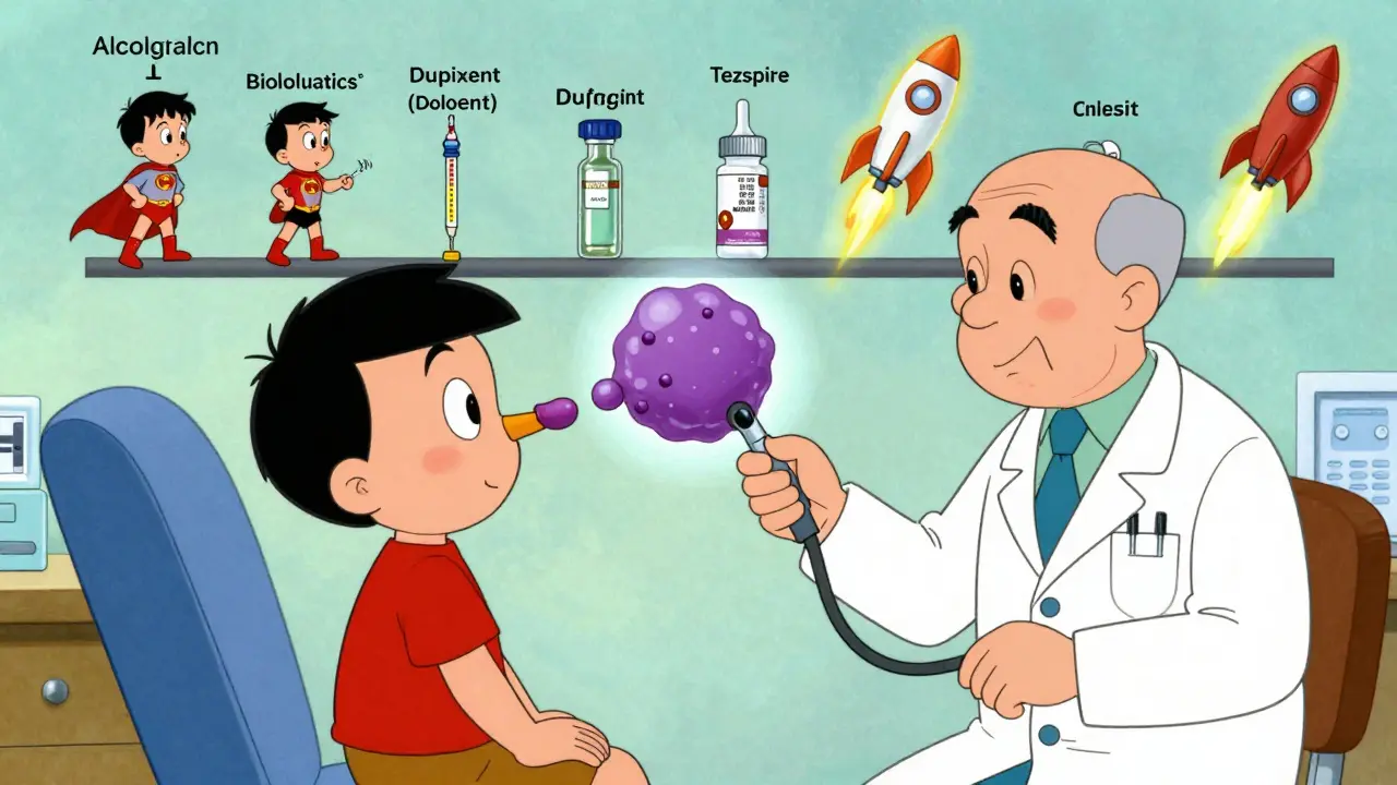 Doctor using endoscope to show nasal polyps as balloons, with allergy treatments as rockets.