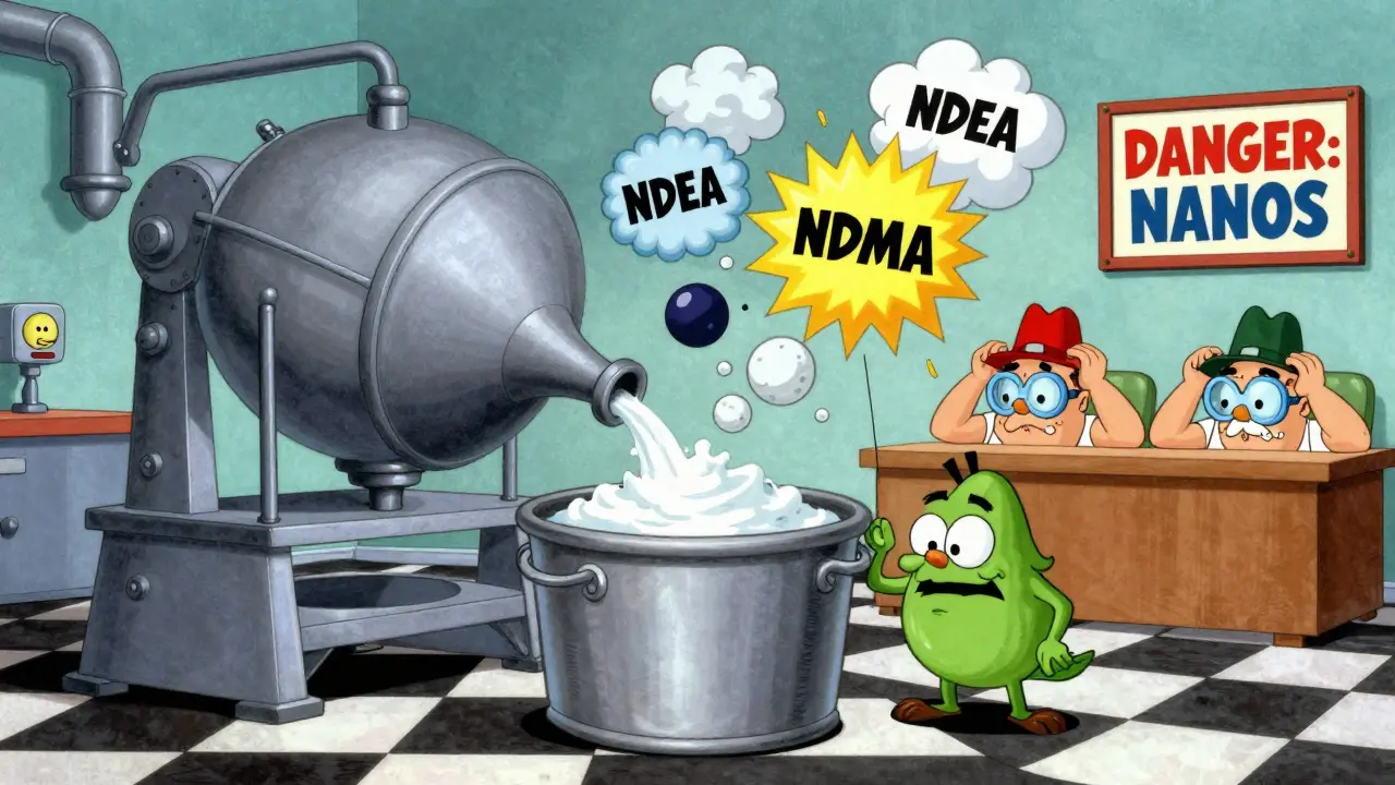 Factory gremlin contaminating drug ingredients in retro animated style.