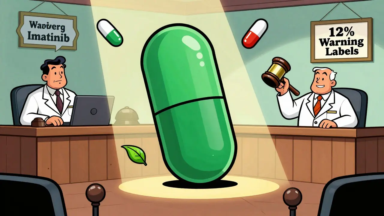 Green tea extract on trial in a cartoon courtroom with medications as witnesses.