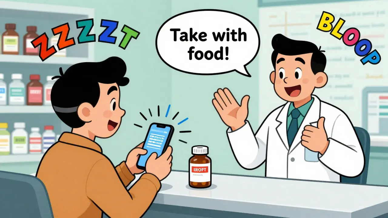 Hearing-impaired person scanning pill bottle with phone as talking dispenser speaks aloud in a pharmacy.