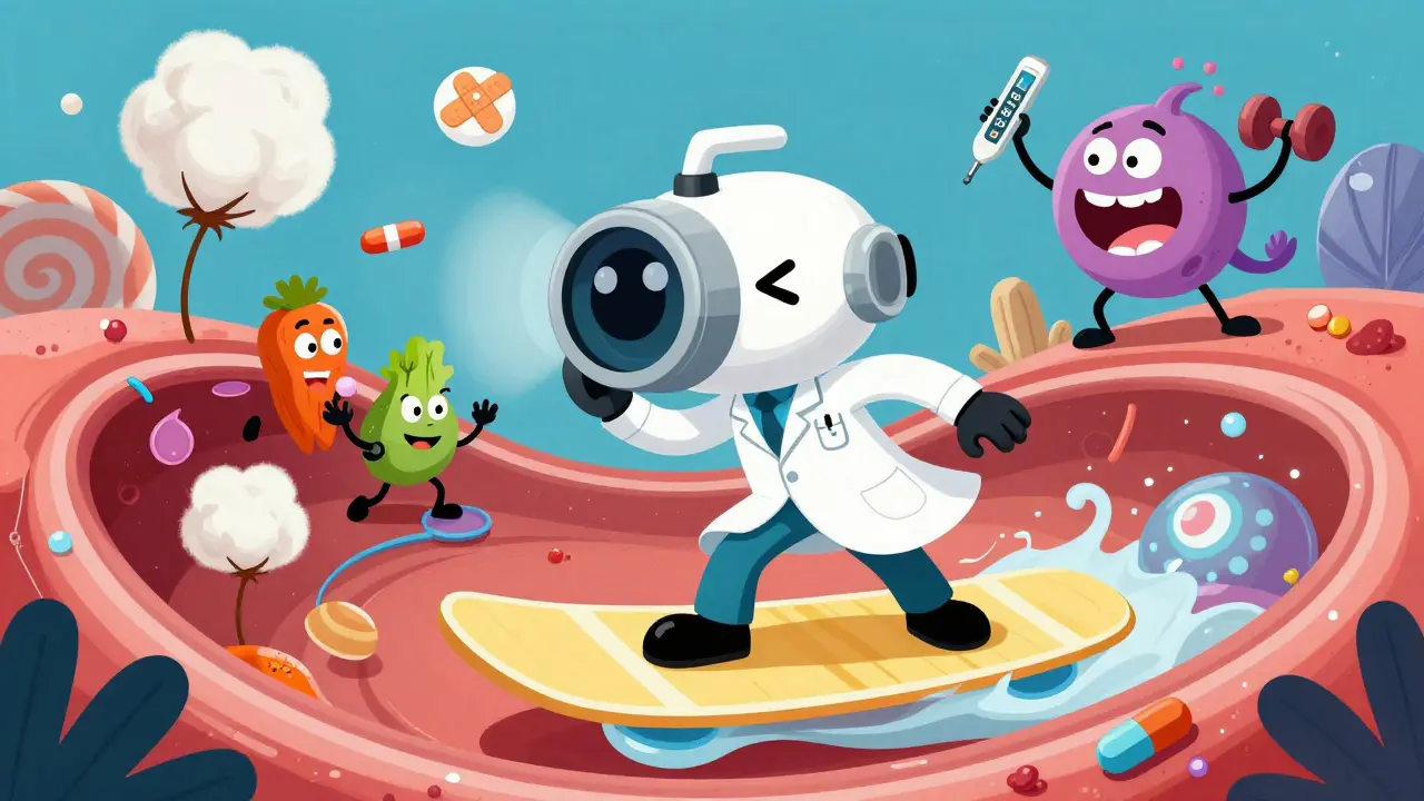 Heroic doctor riding an AI camera through a colorful retina, rescuing fluffy spots while defeating a hypertension monster.