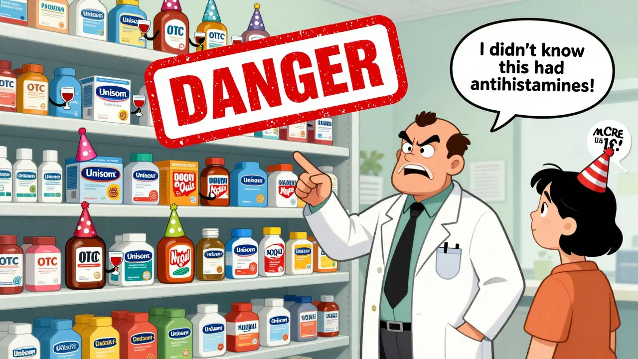 OTC medicine bottles partying with wine glasses as doctor warns danger