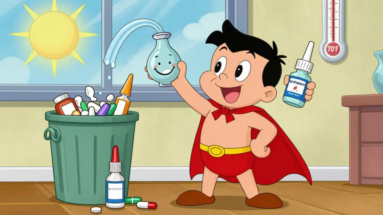 Patient holding saline, ipratropium, and steroid spray, standing triumphantly over discarded allergy meds.