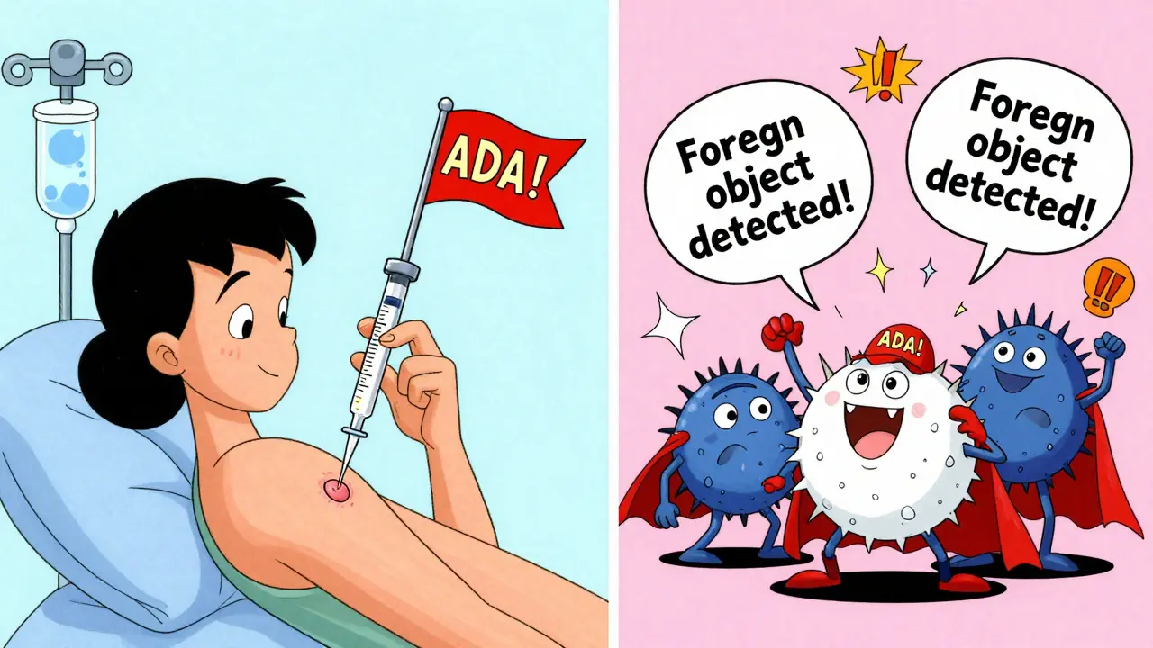 Patient injecting biosimilar while immune cells react with alarm