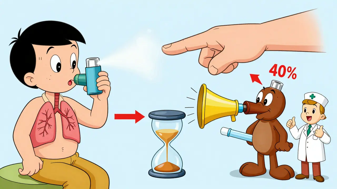 Patient using inhalers in correct order with spacer, guided by a nurse, in Hanna-Barbera style
