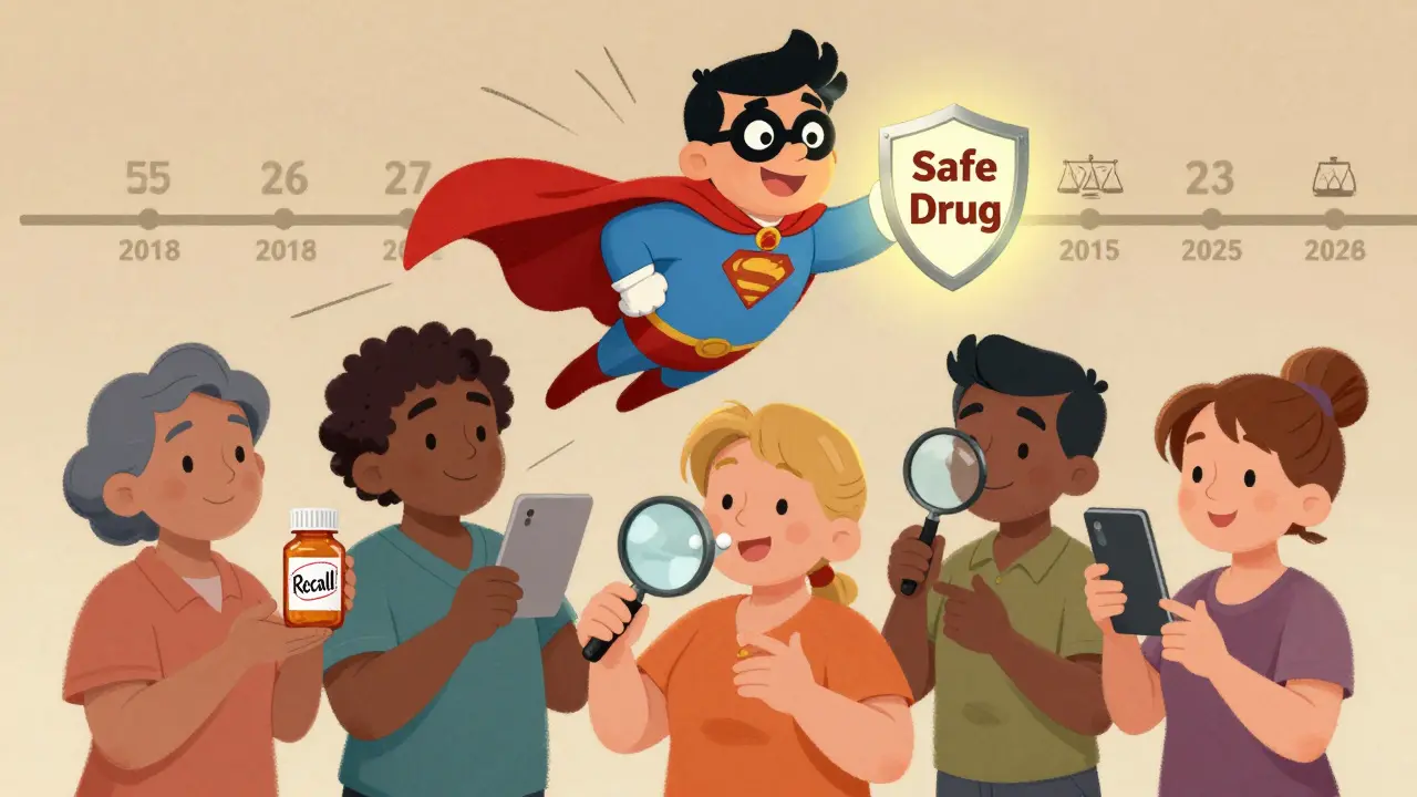 Patients and FDA agent with safe drug shield in vintage cartoon illustration.