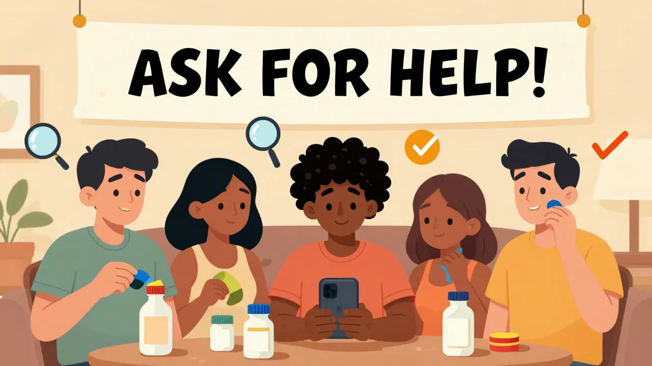 People at home using colored tape, rubber bands, and voice assistants to manage medications safely.