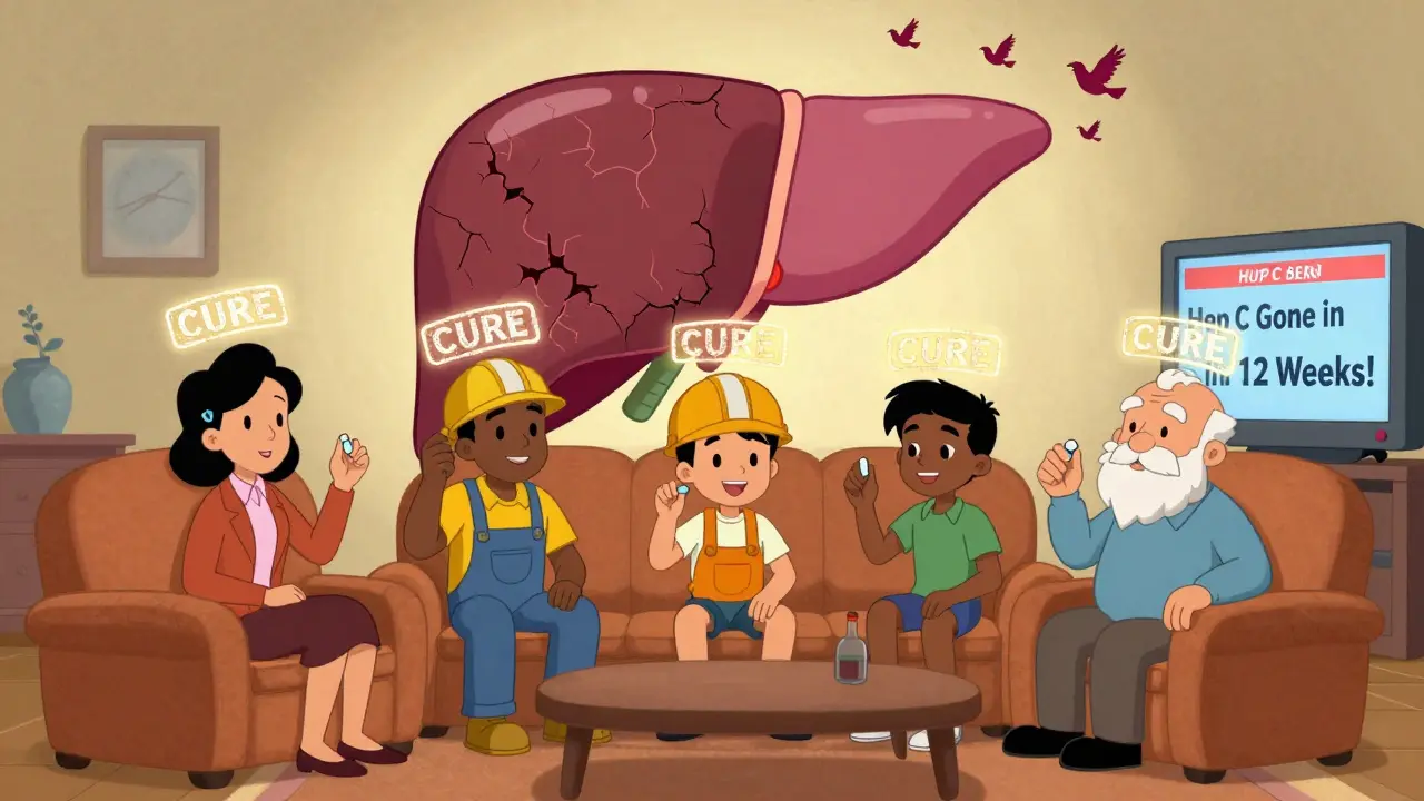 People from all walks of life hold cure pills as their livers transform into healthy, pink organs.